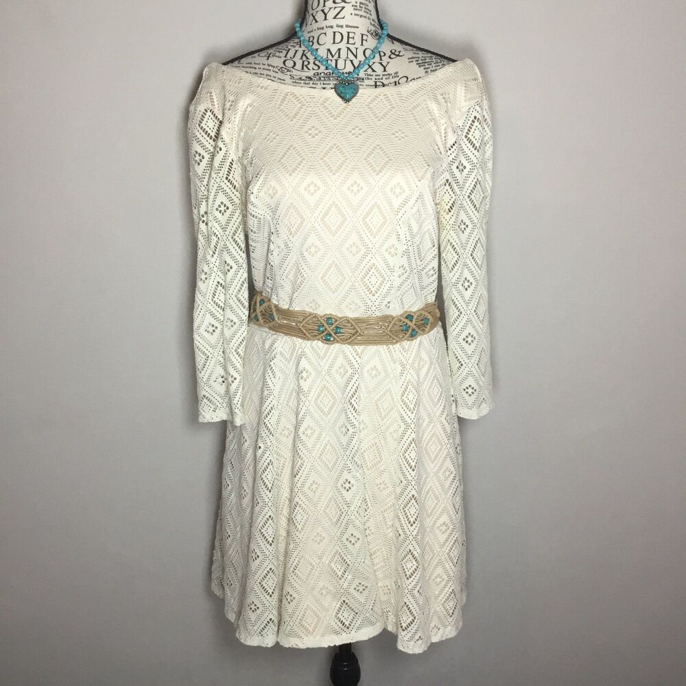 Cream knee length western dress geometric pattern vee back lined boho Cowgirl M